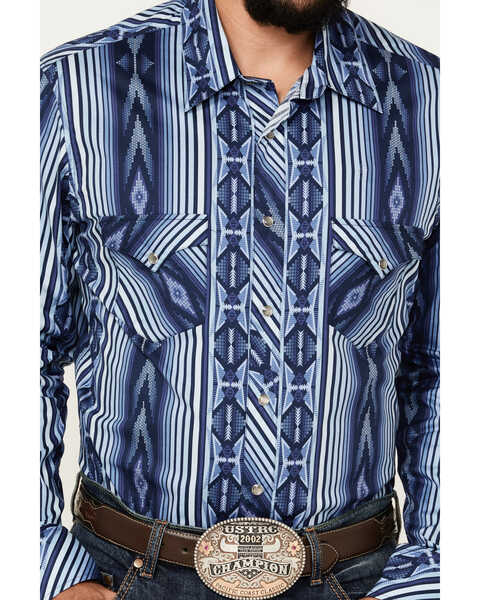 Image #3 - Rock & Roll Denim Men's Southwestern Striped Print Long Sleeve Snap Stretch Western Shirt, Blue, hi-res