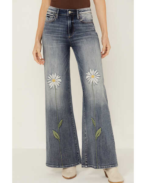 Image #2 - Driftwood Women's Penelope X Daisy Fields Medium Wash High Rise Destructed Flare Stretch Denim Jeans , Medium Wash, hi-res