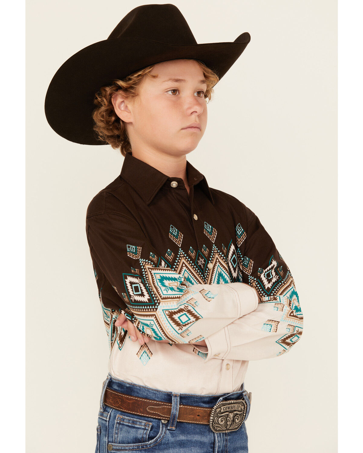 Image #2 - Panhandle Boys' Southwestern Print Border Long Sleeve Snap Western Shirt, Brown, hi-res