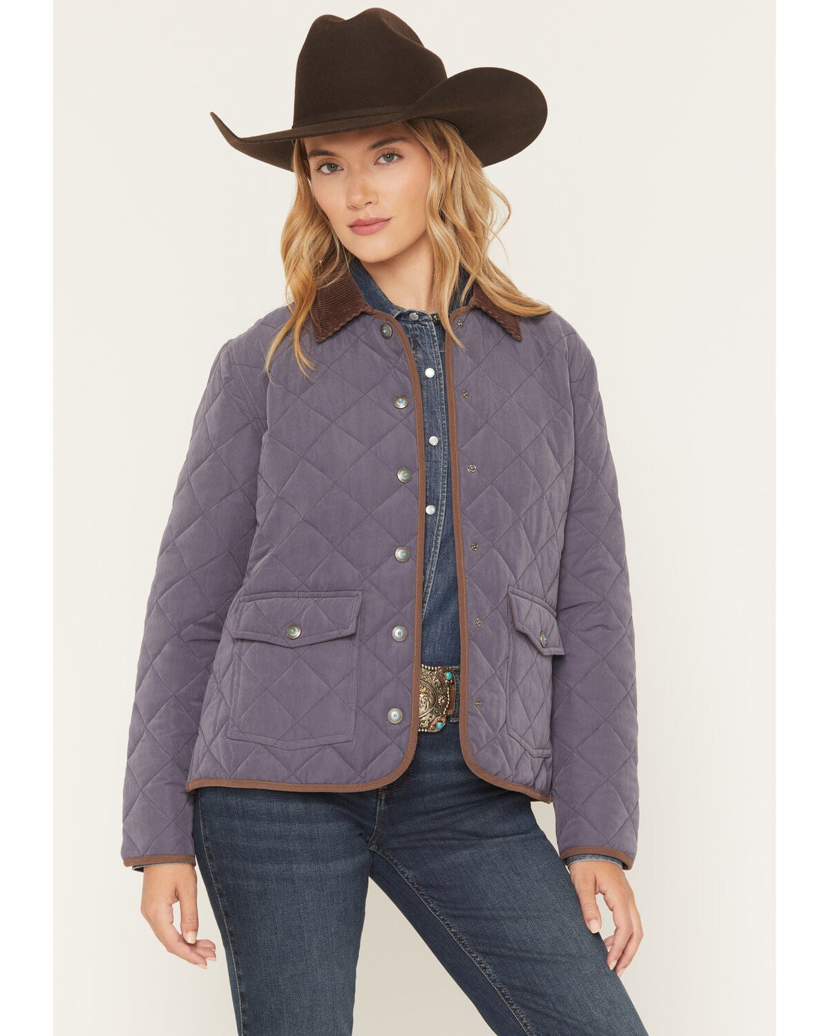 Shyanne Women's Solid Quilted Concho Snap Jacket, Violet, hi-res