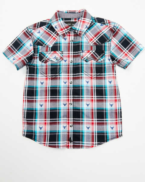 Cody James Toddler Boys' Steerhead Plaid Print Short Sleeve Snap Western Shirt , Navy, hi-res