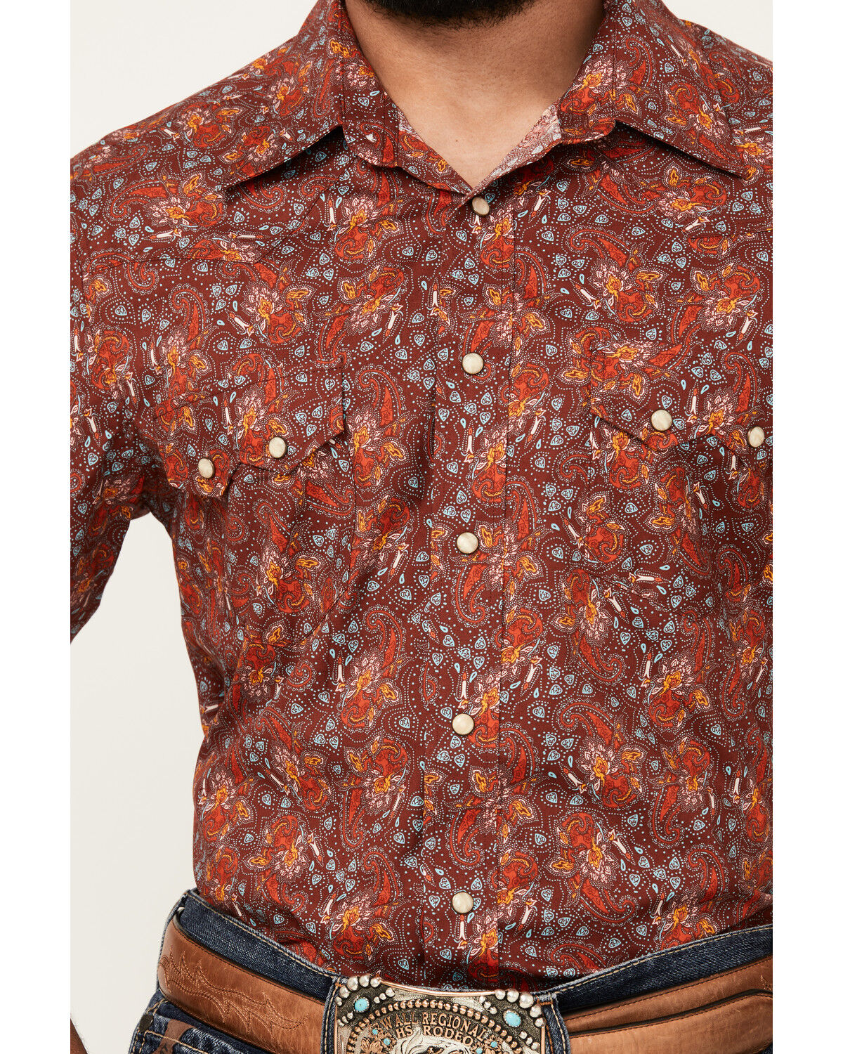 Image #3 - Rock & Roll Denim Men's Paisley Print Short Sleeve Snap Stretch Western Shirt, Dark Orange, hi-res