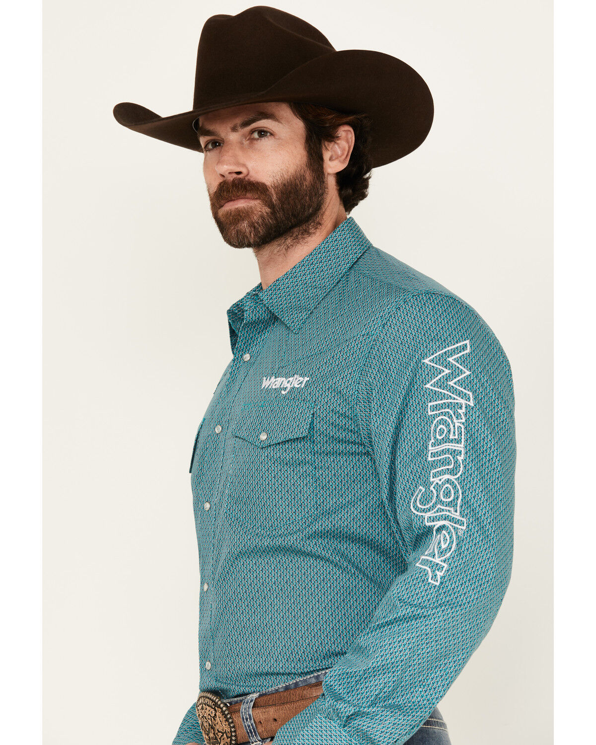 Image #2 - Wrangler Men's Logo Geo Print Long Sleeve Snap Western Shirt, Turquoise, hi-res