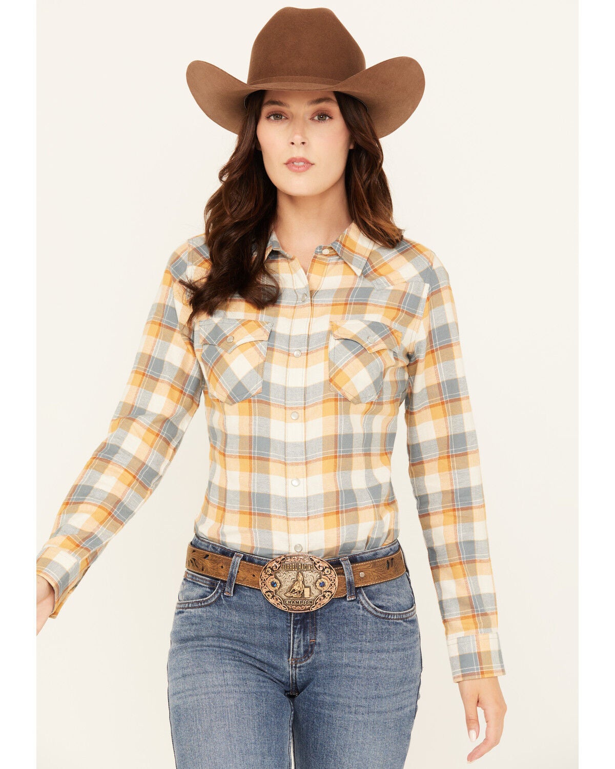 Wrangler Retro Women's Boot Barn Exclusive Plaid Print Long Sleeve Pearl Snap Flannel Shirt, Blue, hi-res