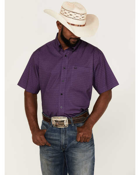 Cinch Men's Arena Flex Geo Print Short Sleeve Button Down Western Shirt , Purple, hi-res