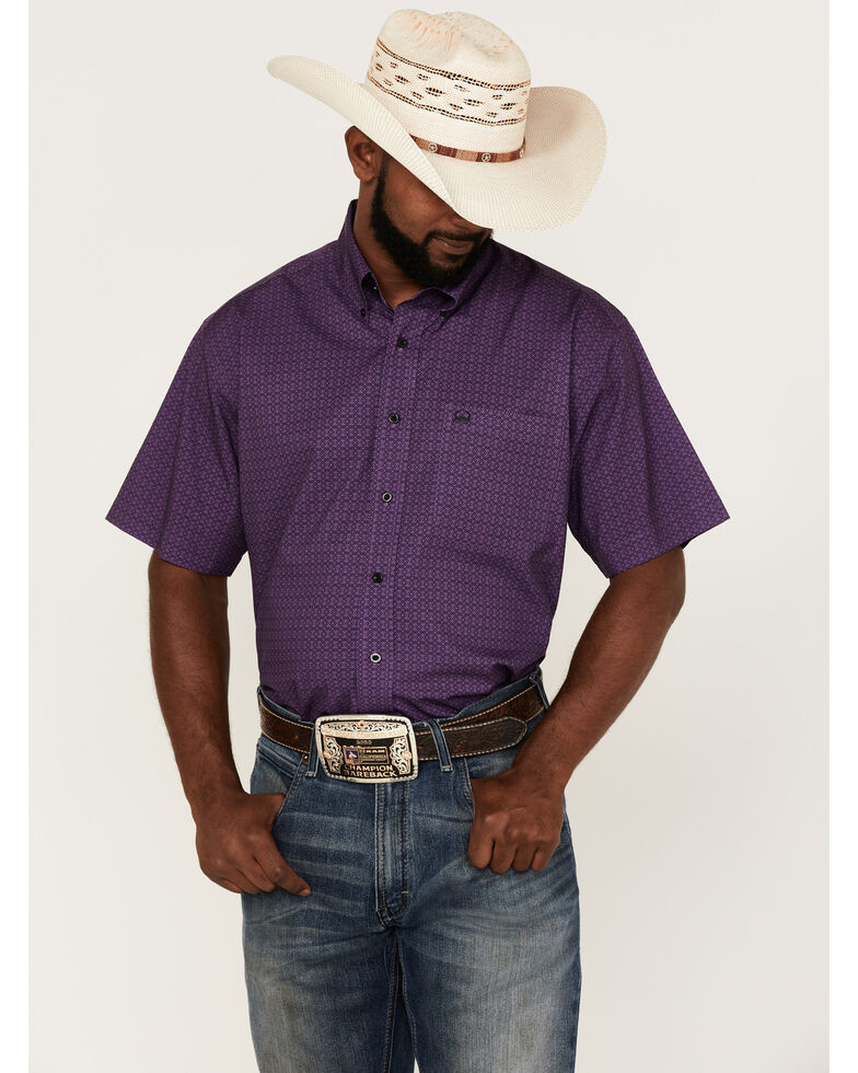 Cinch Men's Arena Flex Purple Geo Print Short Sleeve Button-Down Western Shirt , Purple, hi-res
