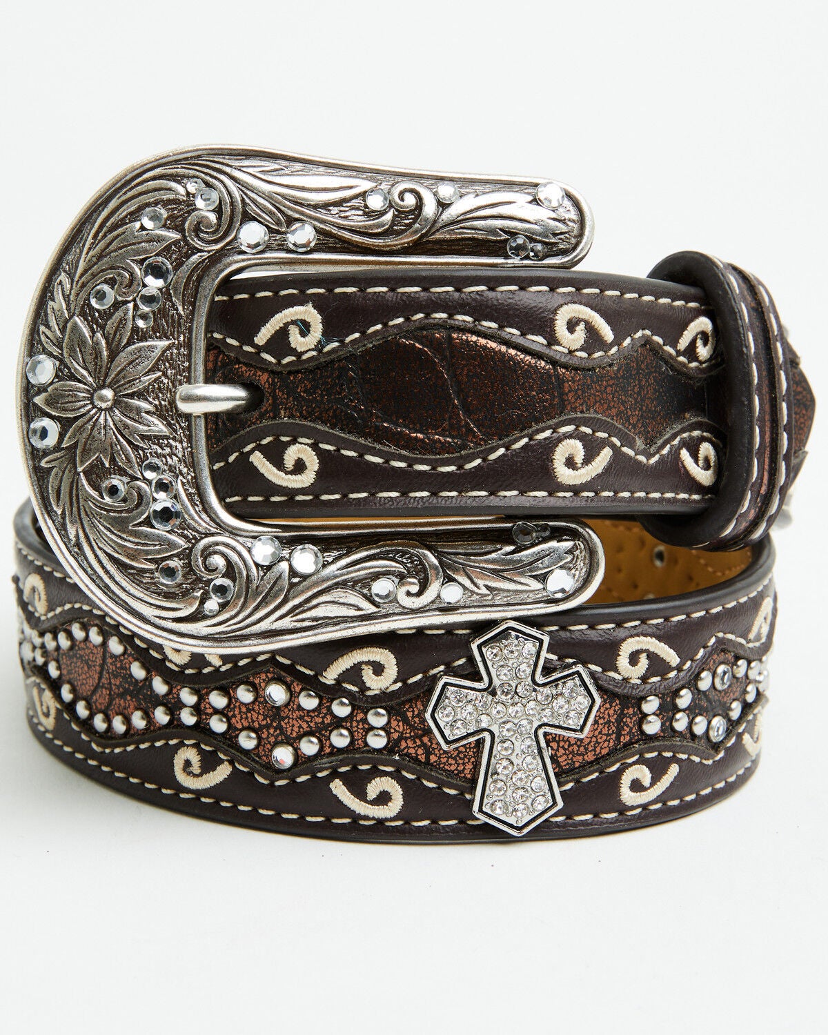 Image #1 - Ariat Girls Studded Cross Inlay Belt, Brown, hi-res