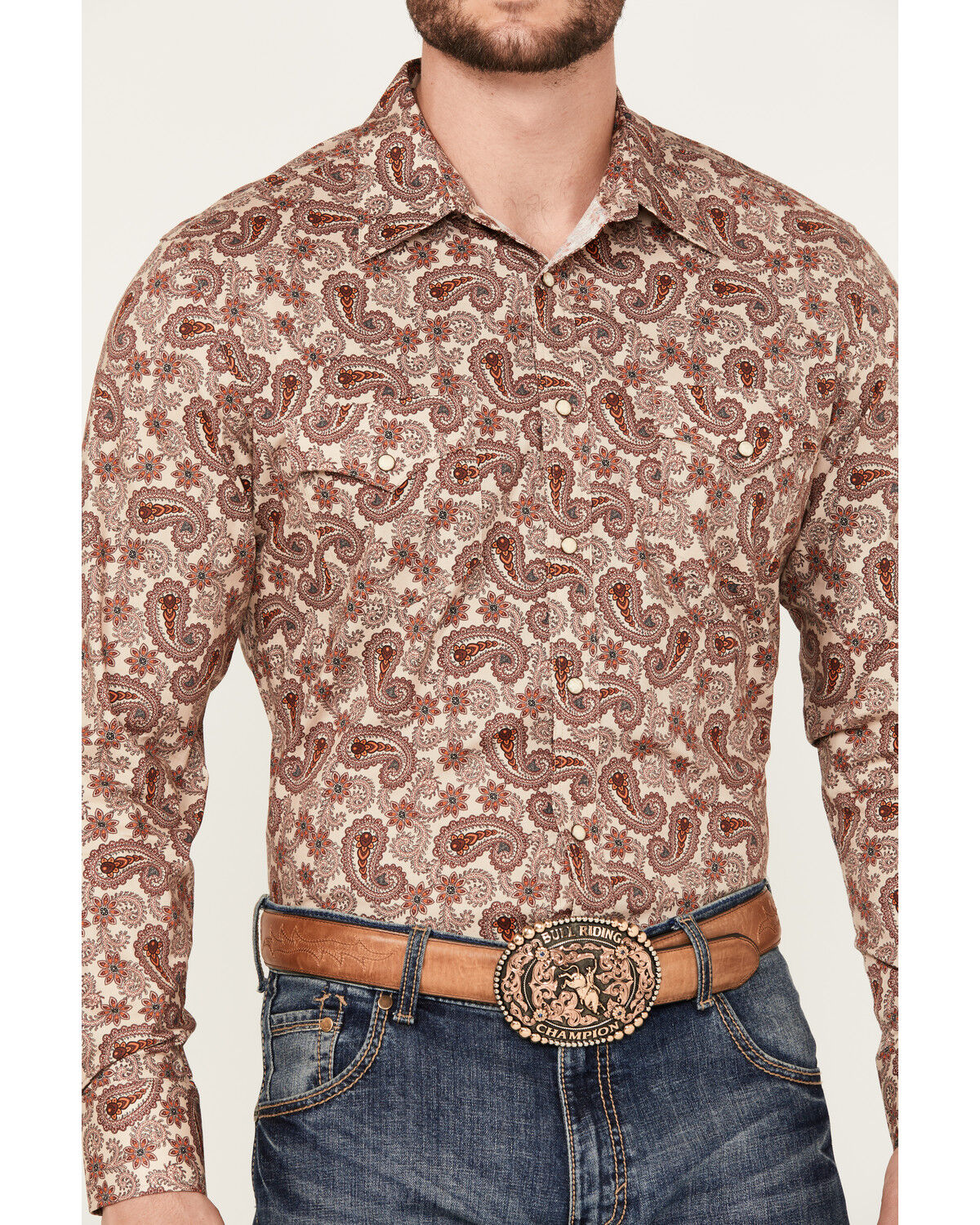 Image #3 - Rock & Roll Denim Men's Paisley Print Stretch Long Sleeve Snap Western Shirt, Red, hi-res