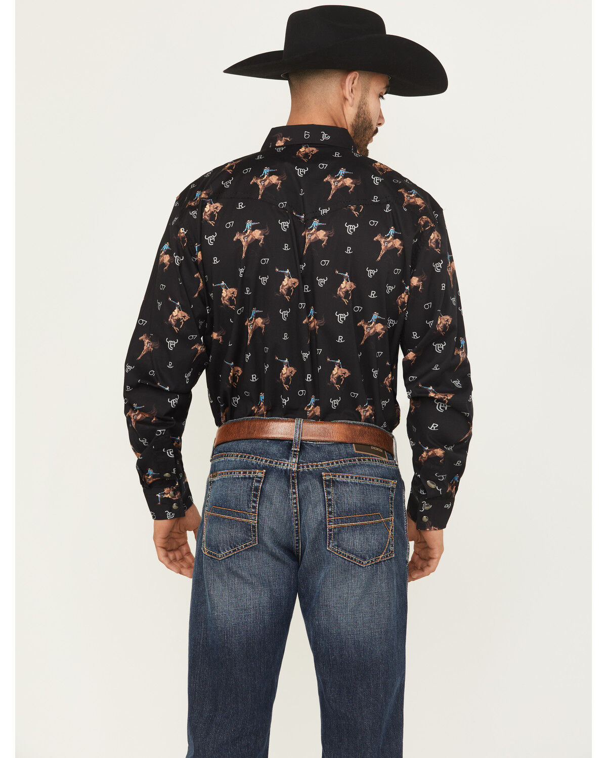 Image #4 - Cowboy Hardware Men's Vintage Bronco Print Long Sleeve Snap Stretch Western Shirt, Black, hi-res