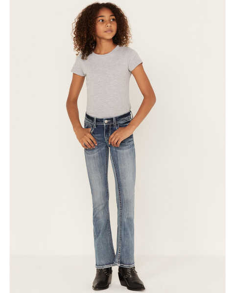 Grace in LA Girls' Medium Wash Faded Star Bootcut Jeans, Blue, hi-res