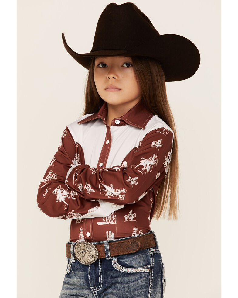Ranch Dress'n Girls' Rust Buckaroo Print Piped Yoke Long Sleeve Snap Western Core Shirt , Rust Copper, hi-res
