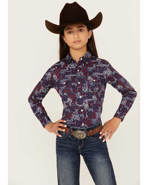 Image #1 - Rough Stock by Panhandle Girls' Bandana Print Long Sleeve Pearl Snap Western Shirt, Navy, hi-res