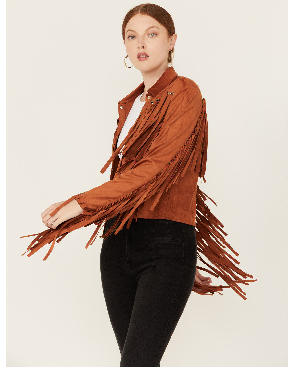 Image #1 - Blue B Women's Grommet Faux Suede Fringe Jacket, Rust Copper, hi-res