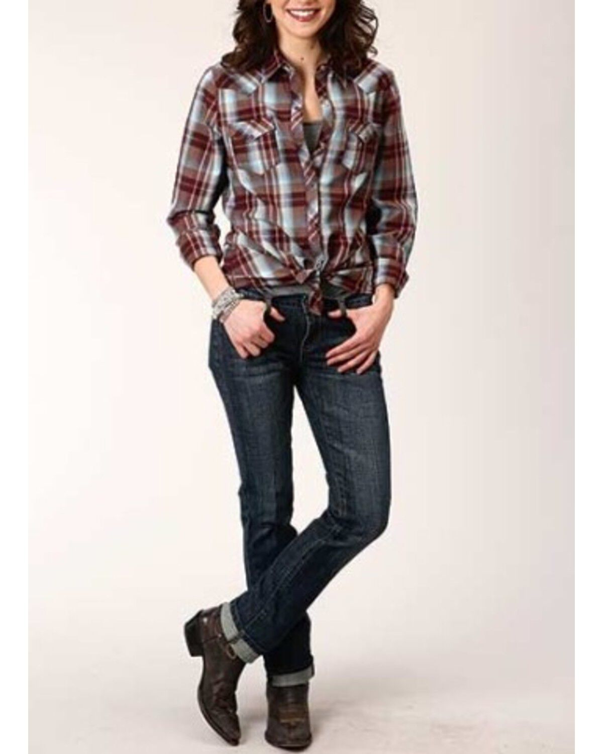 Image #2 - Roper Women's Plaid Print Long Sleeve Snap Western Shirt, Wine, hi-res