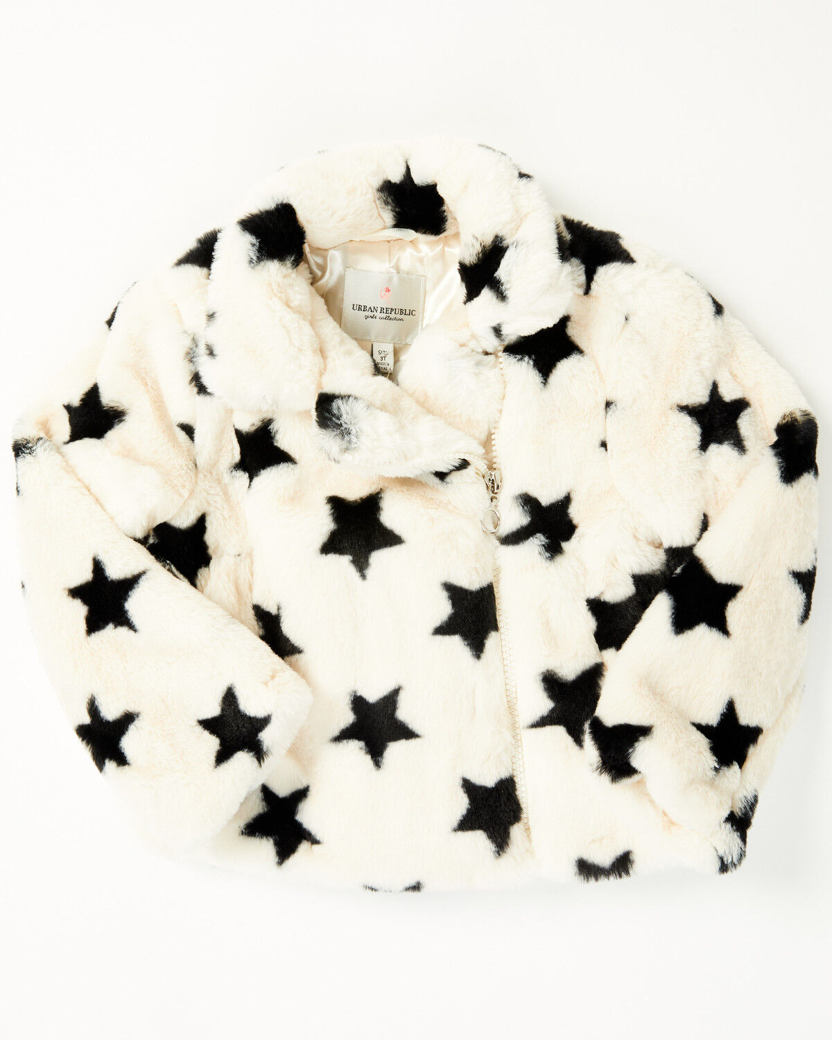 Image #1 - Urban Republic Toddler Girls' Star Print Faux Fur Moto Jacket, Ivory, hi-res