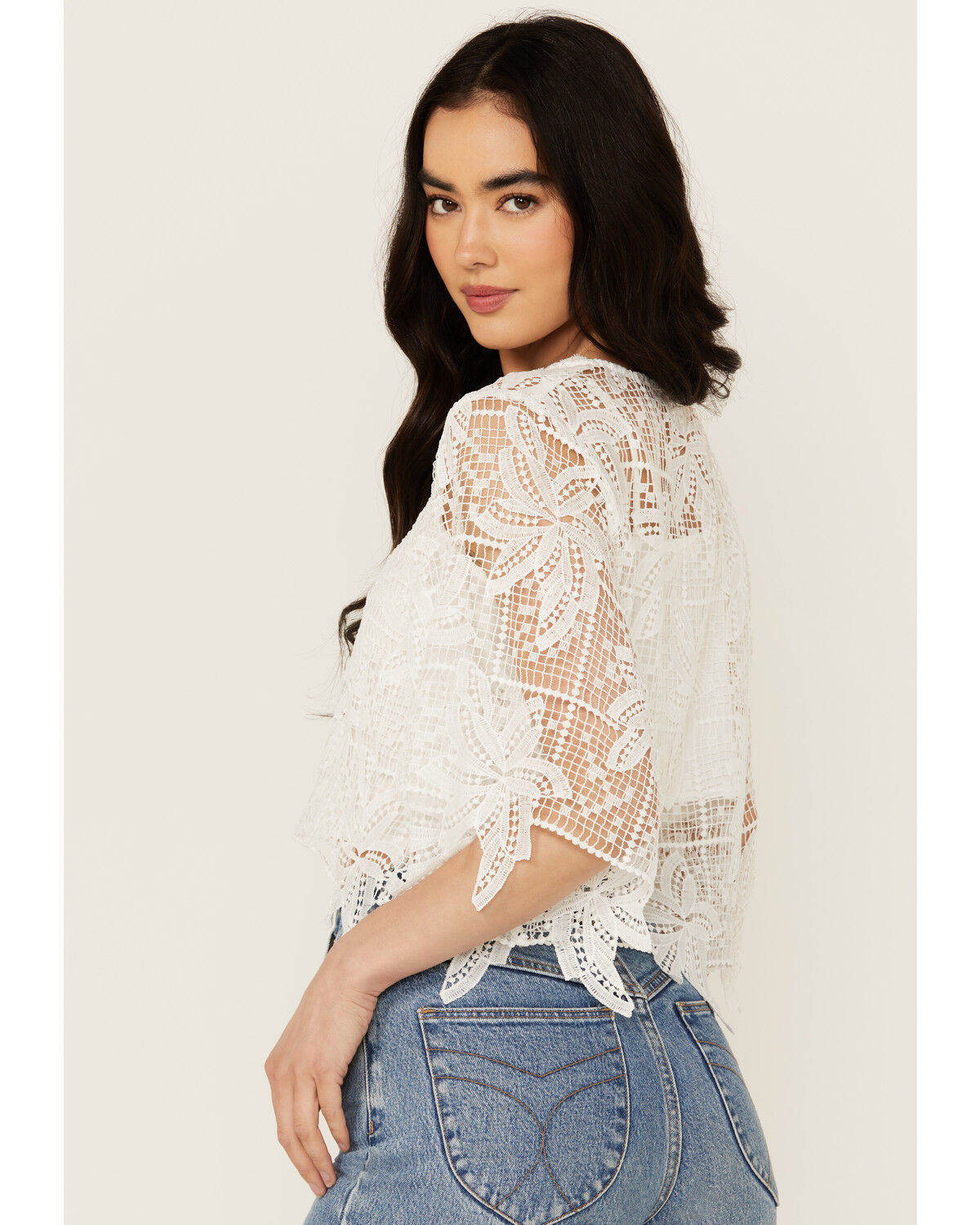 Image #4 - Miss Me Women's Cropped Crochet Flowy Top, White, hi-res