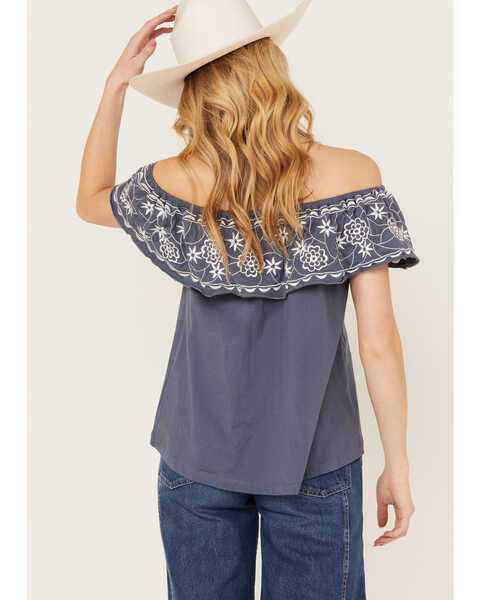 Image #4 - Panhandle Women's Off The Shoulder Floral Embroidered Top, Navy, hi-res