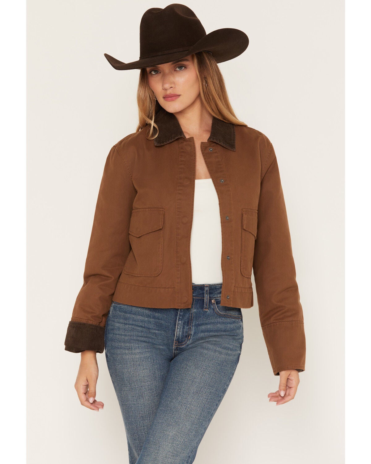 Stoosh Women's Corduroy Collar Barn Jacket, Brown, hi-res