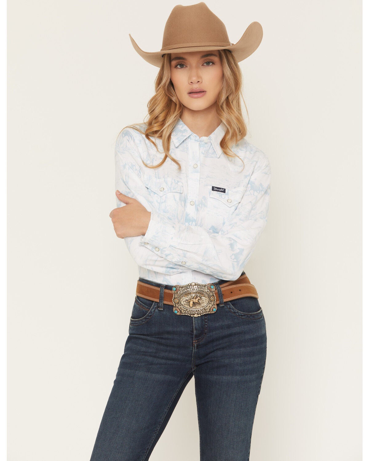 Wrangler Retro Women's Horse Print Long Sleeve Snap Western Shirt, White, hi-res