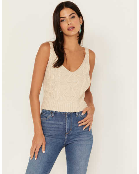 Cleo + Wolf Women's Cropped Cable Knit Sweater Cami Top, Ivory, hi-res