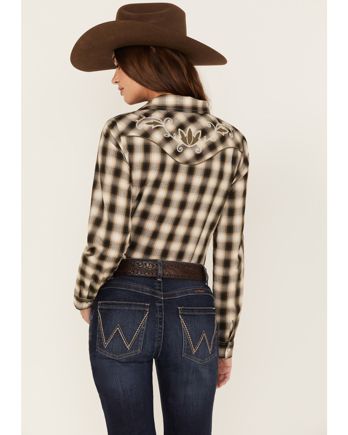 Image #4 - Roper Women's Plaid Print Long Sleeve Pearl Snap Western Shirt, Olive, hi-res