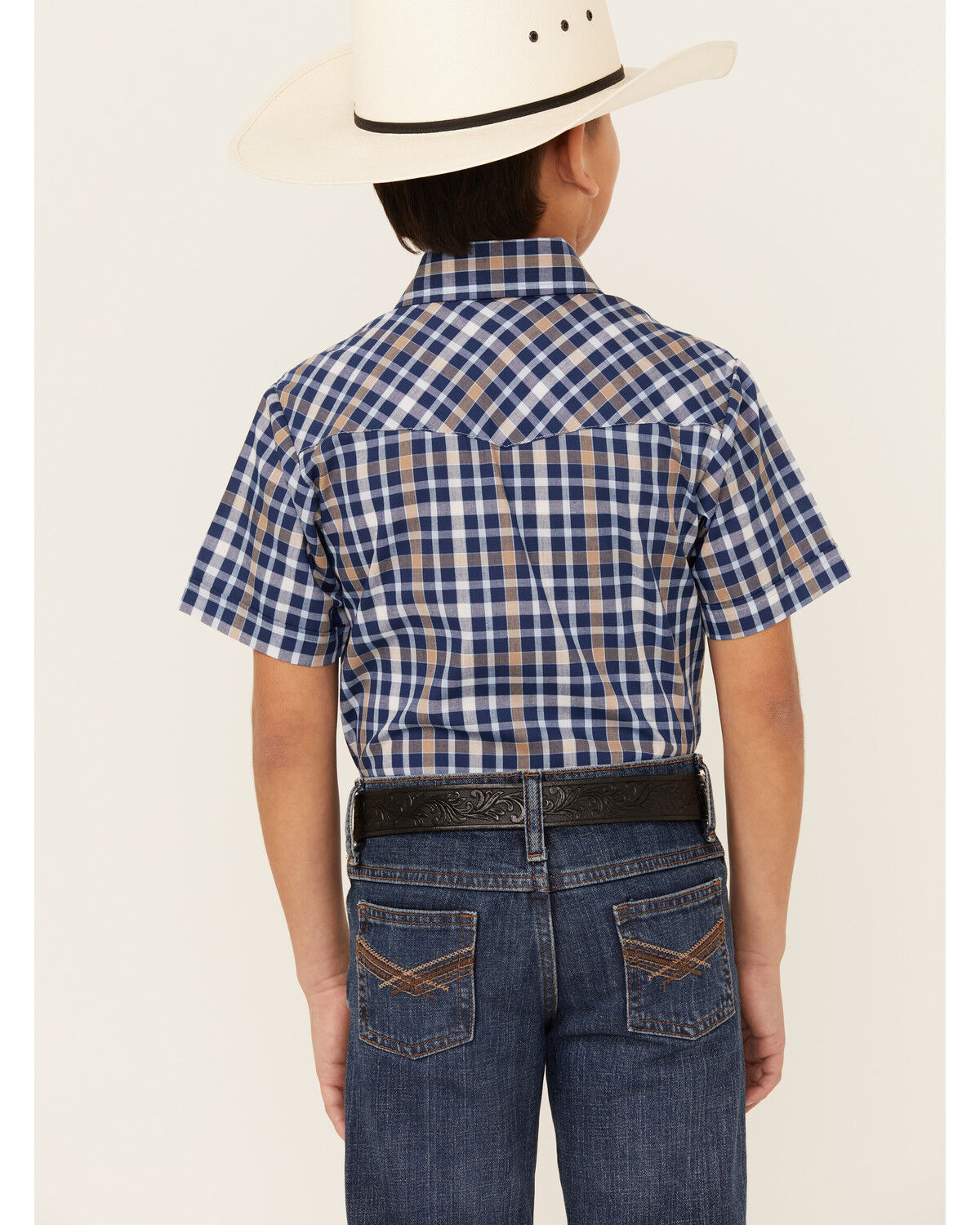 Image #4 - Ely Walker Boys' Plaid Print Short Sleeve Pearl Snap Western Shirt, Navy, hi-res