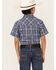 Image #4 - Ely Walker Boys' Plaid Print Short Sleeve Pearl Snap Western Shirt , Navy, hi-res