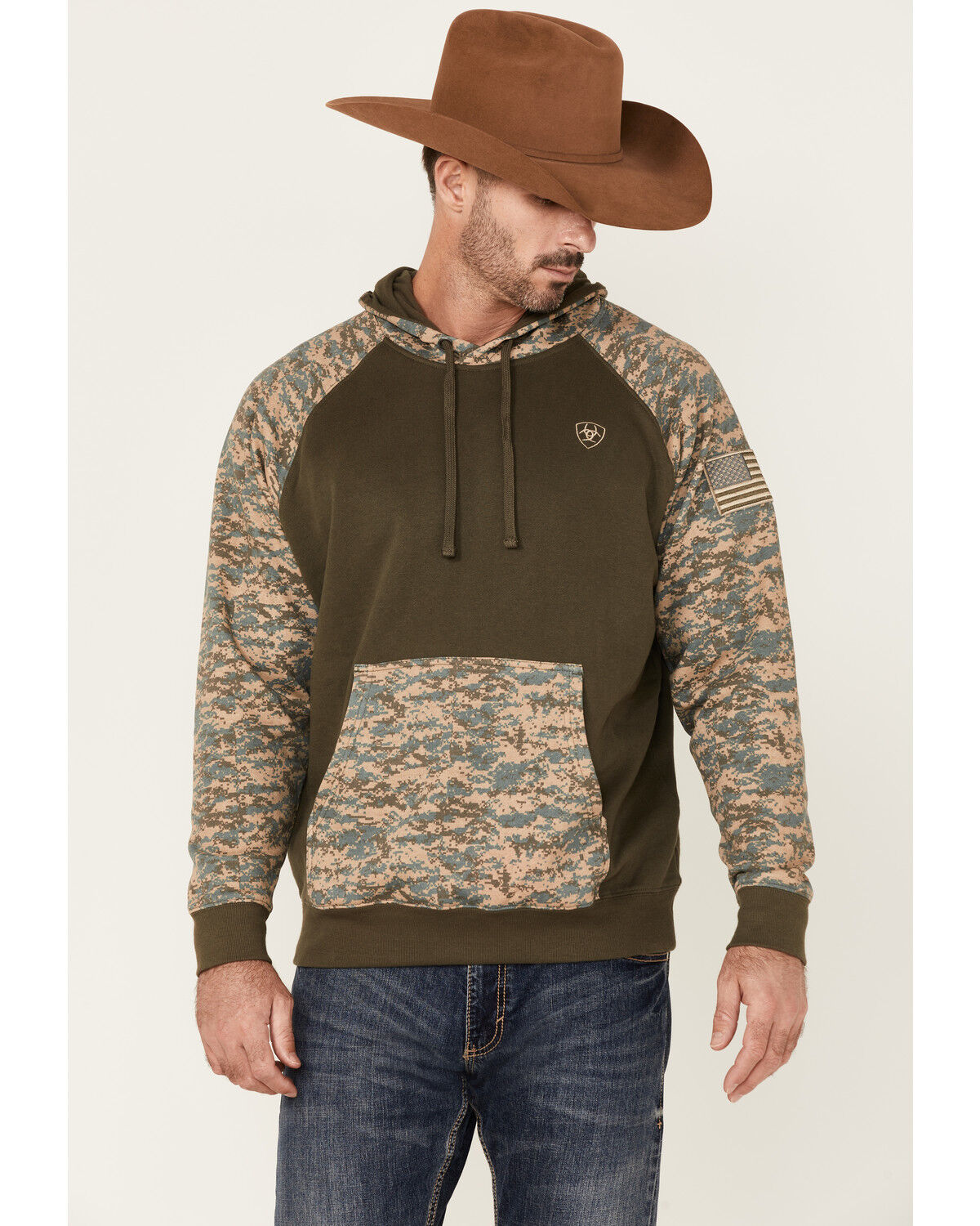 Image #1 - Ariat Men's Camo Patriot Hooded Sweatshirt, Green, hi-res