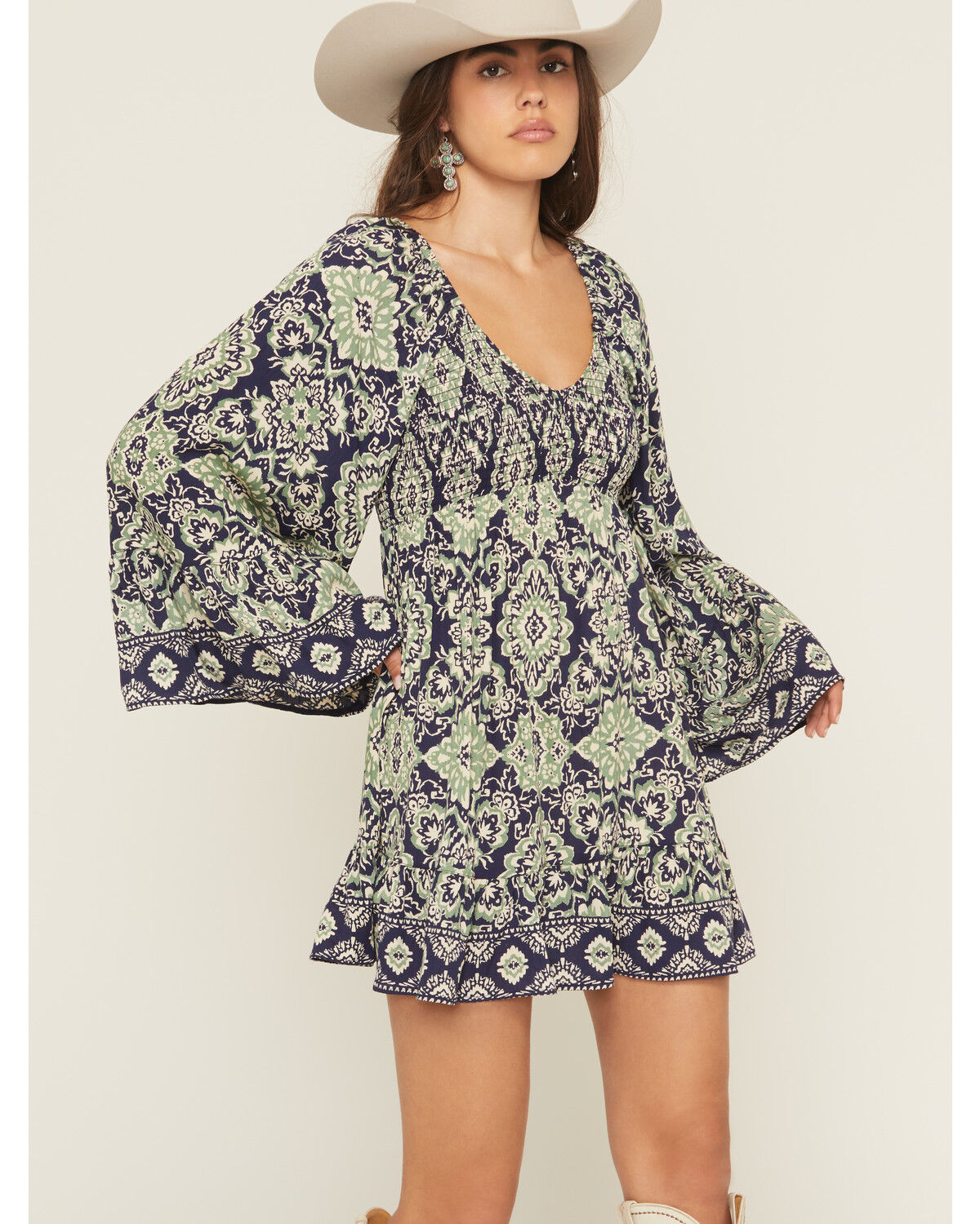Image #2 - Angie Women's Geo Print Long Sleeve Smocked Front Mini Dress, Blue, hi-res