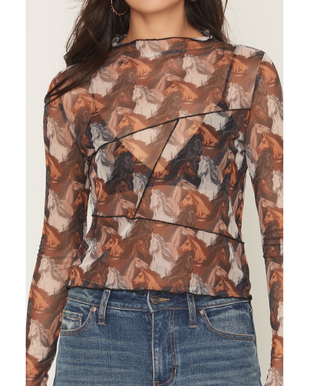 Image #3 - Rock & Roll Denim Women's Horse Print Long Sleeve Mesh Top, Brown, hi-res