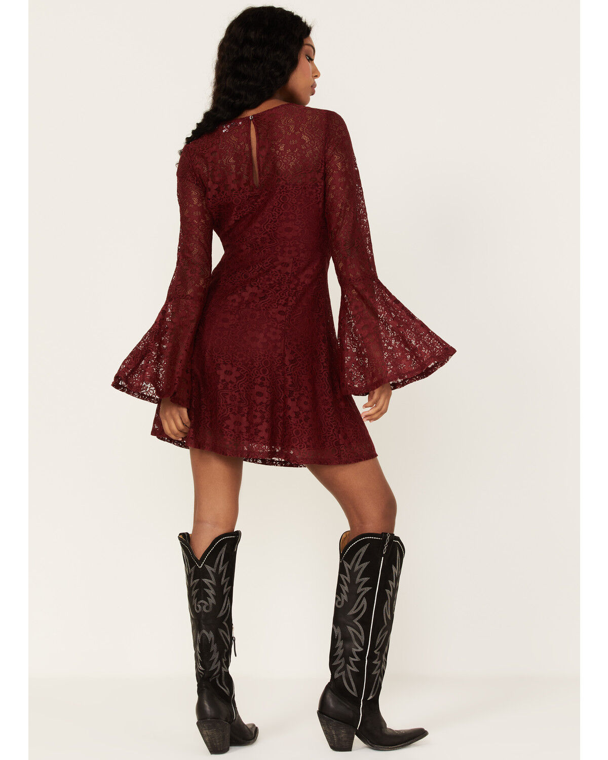 Image #4 - Beyond The Radar Women's Lace Tie Front Mini Dress, Wine, hi-res