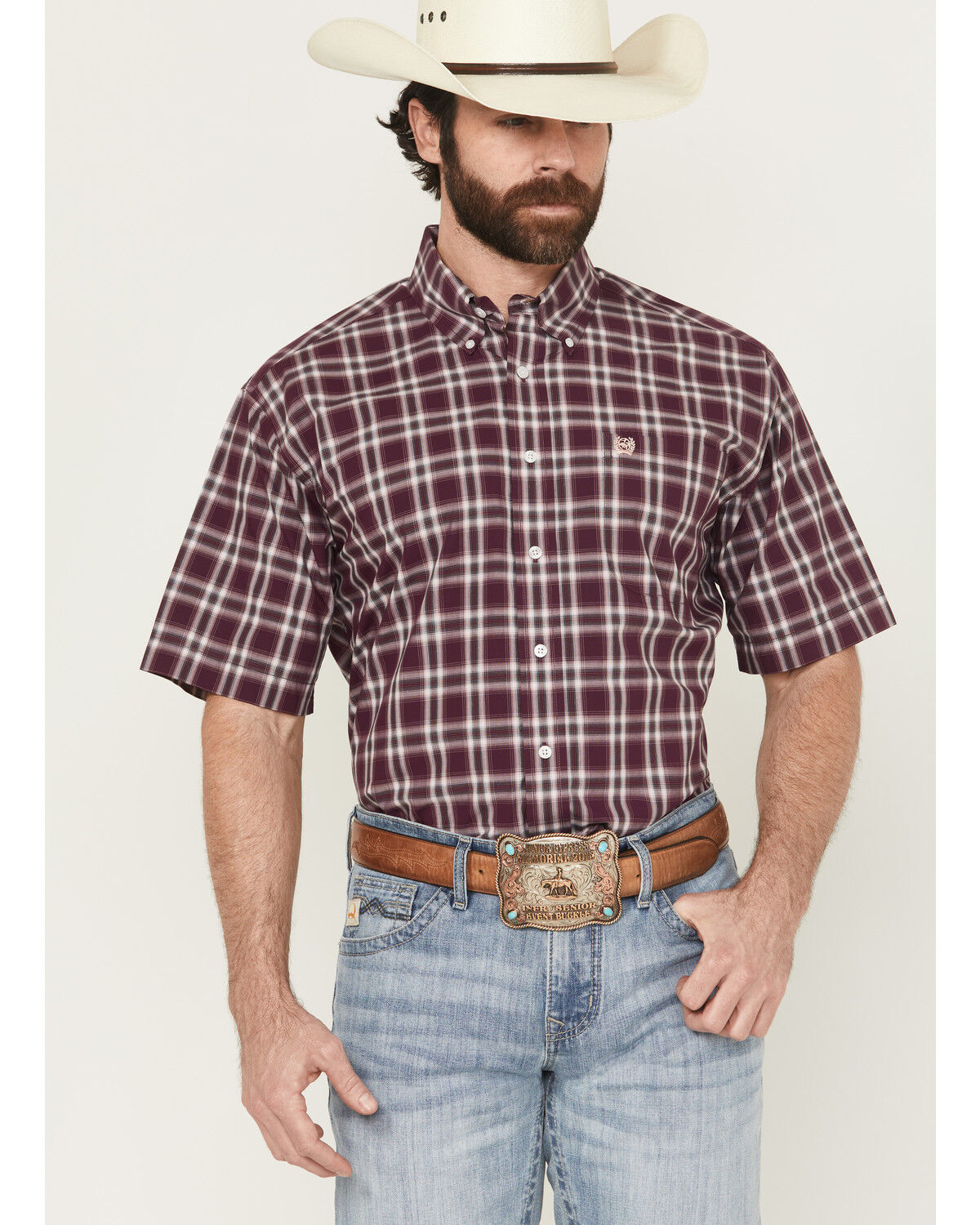 Image #1 - Cinch Men's Plaid Print Short Sleeve Button-Down Western Shirt, Purple, hi-res