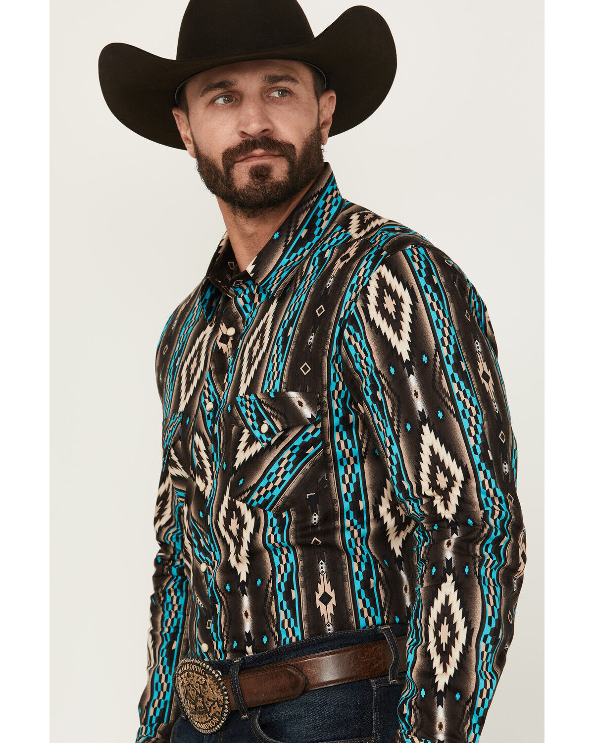 Image #2 - Rock & Roll Denim Men's Southwestern Print Long Sleeve Snap Stretch Western Shirt, Brown, hi-res