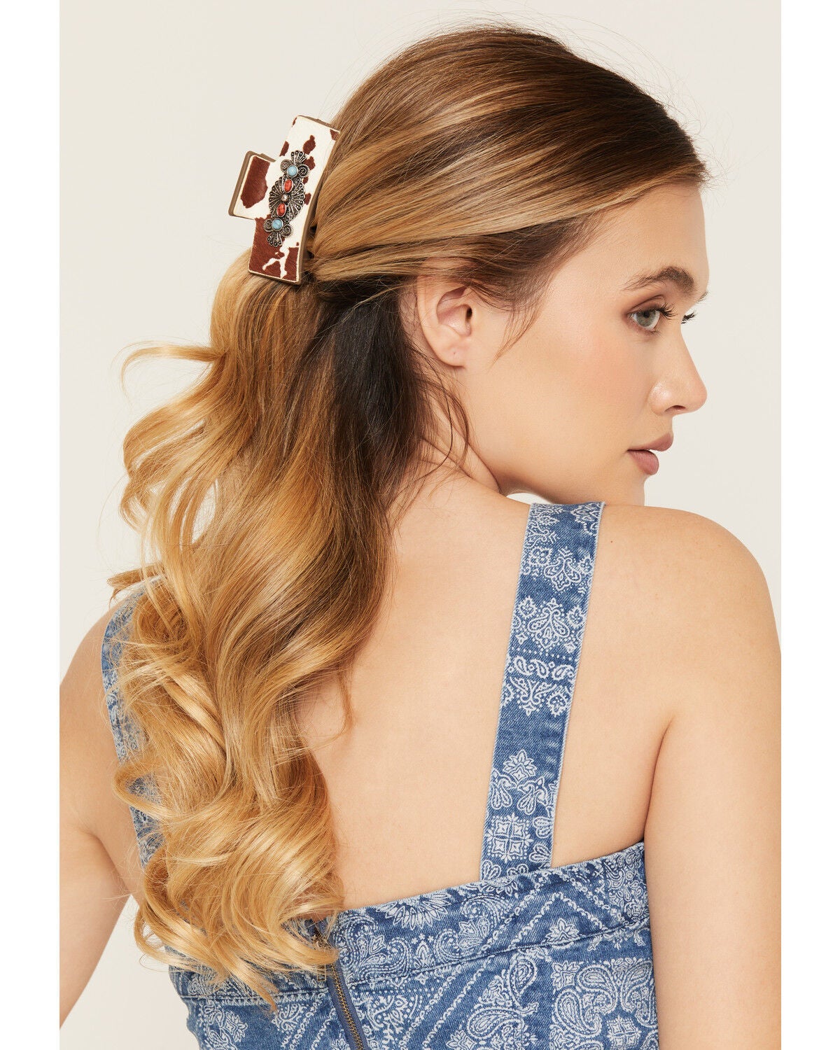 Image #1 - Shyanne Women's Jessie Cow Print Concho Hair Claw Clip, Brown, hi-res