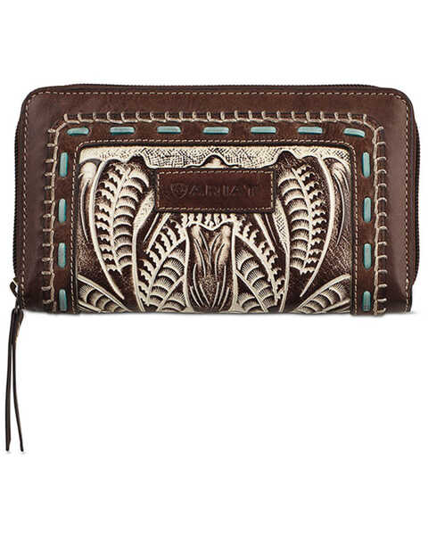 Ariat Women's Rori Buck Lace Tooled Floral Wallet, Brown, hi-res