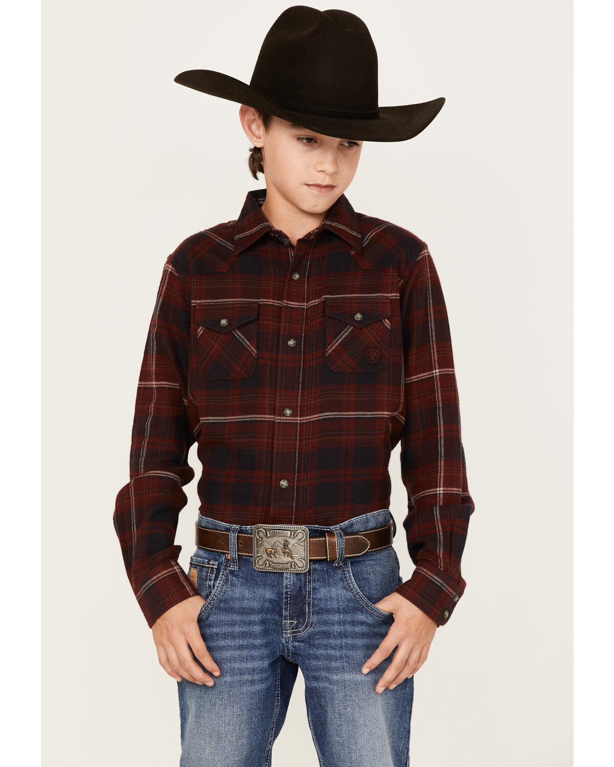 Image #1 - Ariat Boys' Retro Heather Plaid Print Long Sleeve Snap Shirt, Red, hi-res