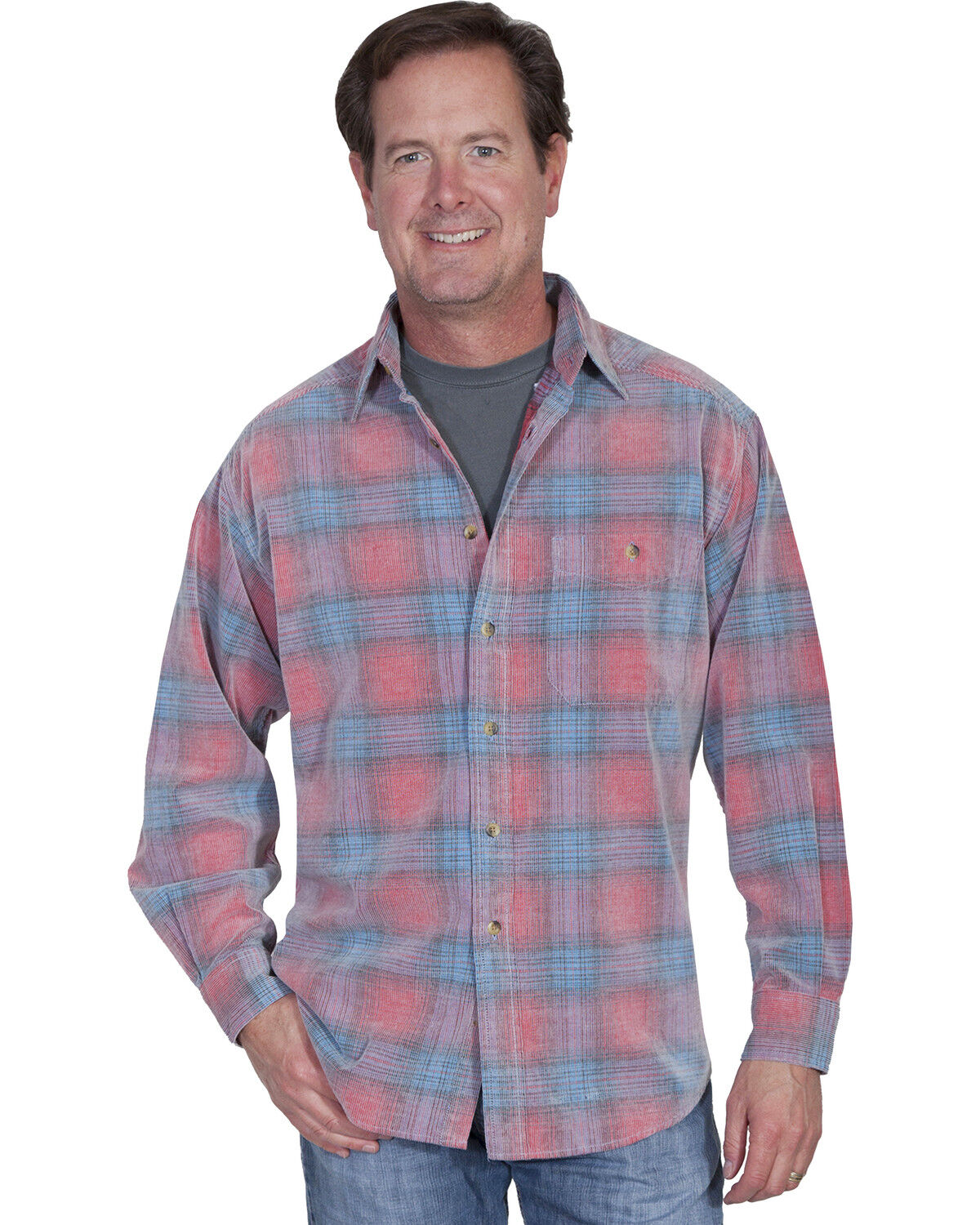 Image #1 - Scully Men's Yard Dye Corduroy Plaid Print Long Sleeve Button Down Western Shirt, Red, hi-res