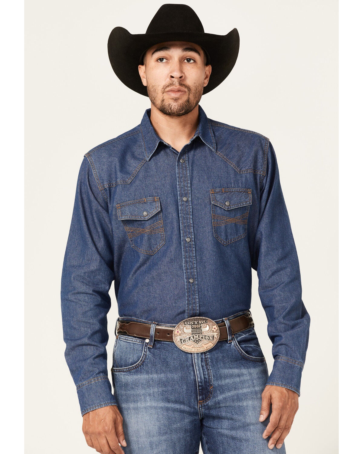 Blue Ranchwear Men's Medium Wash Long Sleeve Snap Western Denim Shirt, Medium Blue, hi-res
