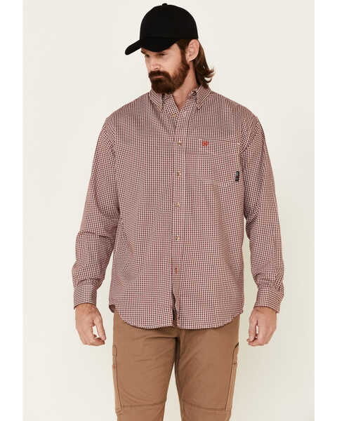 Ariat Men's FR Check Plaid Print Long Sleeve Button Down Work Shirt, Wine, hi-res