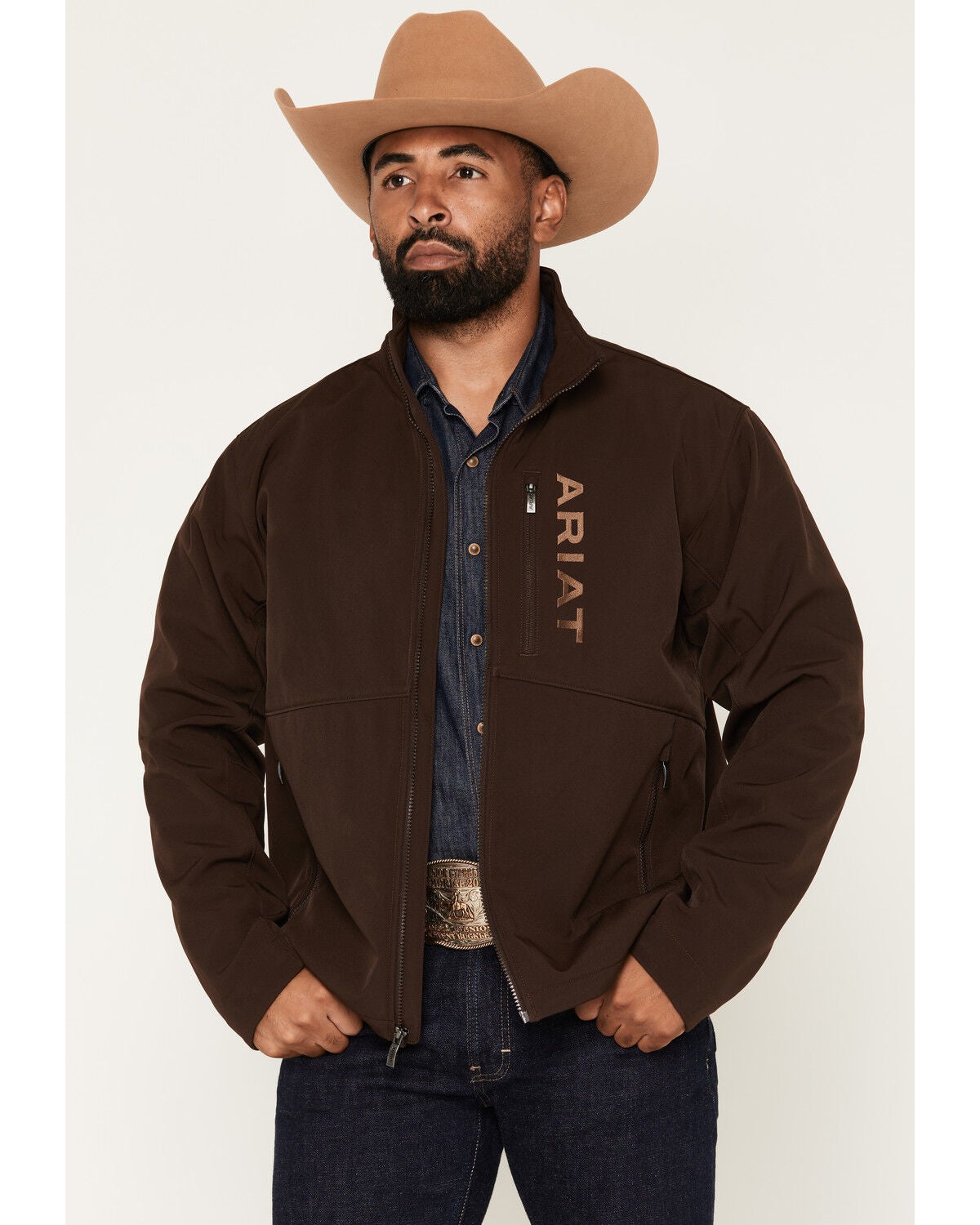 Ariat Men's Chest Logo Softshell Jacket, Chocolate, hi-res