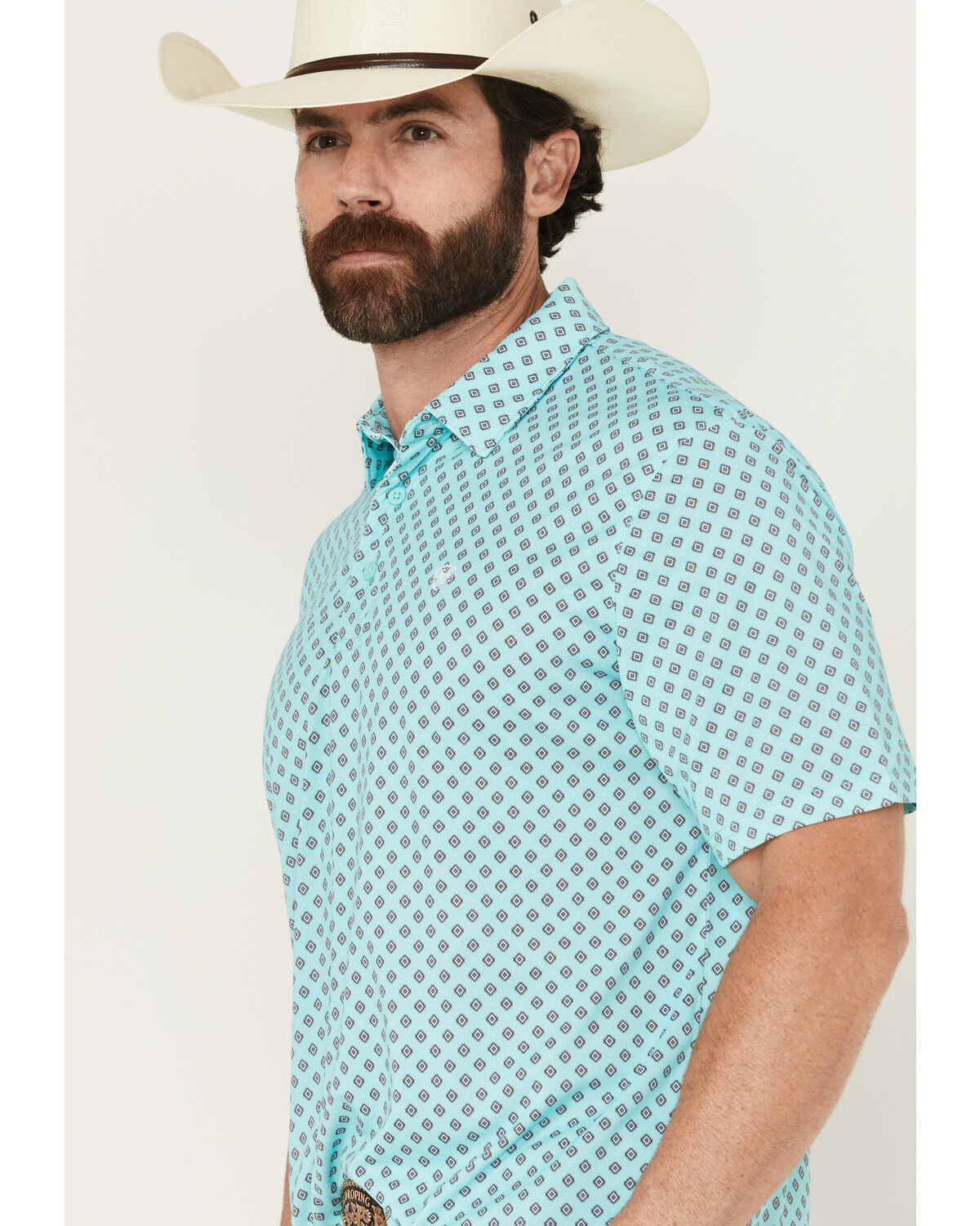 Image #2 - Ariat Men's Geo Print Short Sleeve Button-Down Performance Polo, Aqua, hi-res