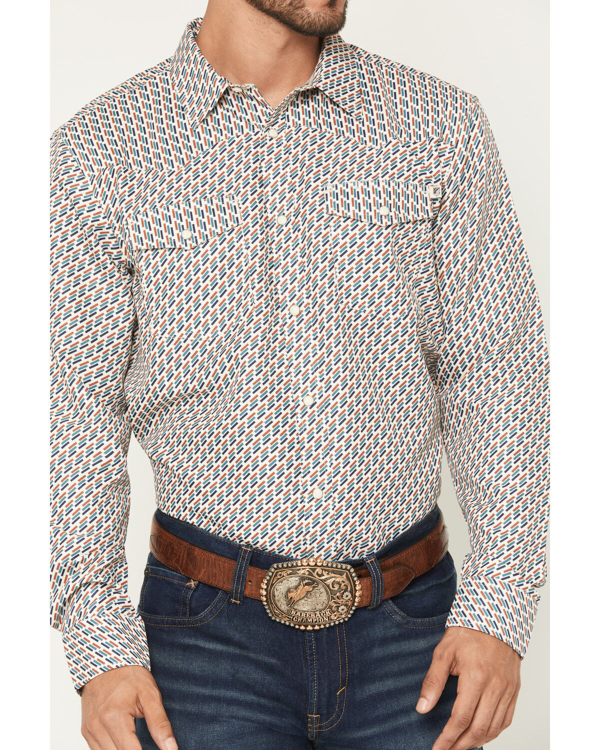 Image #3 - RANK 45® Men's Geometric Fuji Print Long Sleeve Snap Performance Shirt, Sand, hi-res