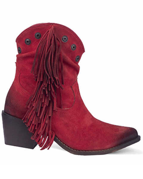 Image #2 - Circle G Women's Studded Suede Fringe Ankle Boots - Round Toe , Red, hi-res