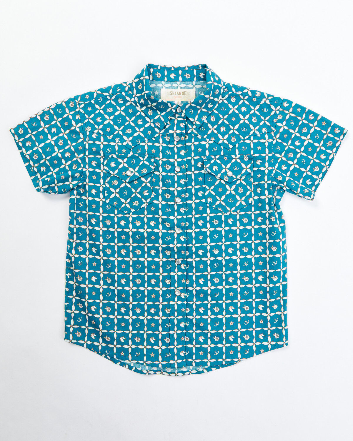 Image #1 - Shyanne Toddler Girls' Rodeo Print Short Sleeve Pearl Snap Shirt, Teal, hi-res