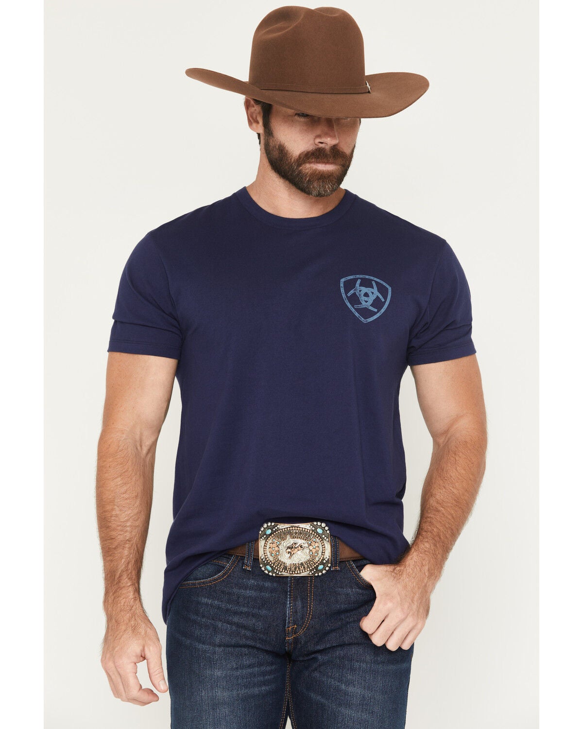 Ariat Men's Vertical Logo Short Sleeve Graphic T-Shirt, Blue, hi-res