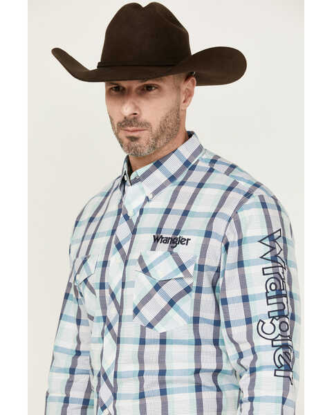 Image #2 - Wrangler Men's Plaid Print Logo Long Sleeve Button-Down Western Shirt , Teal, hi-res