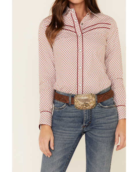 Panhandle Women's Dot Geo Print Piped Long Sleeve Western Shirt , Rust Copper, hi-res