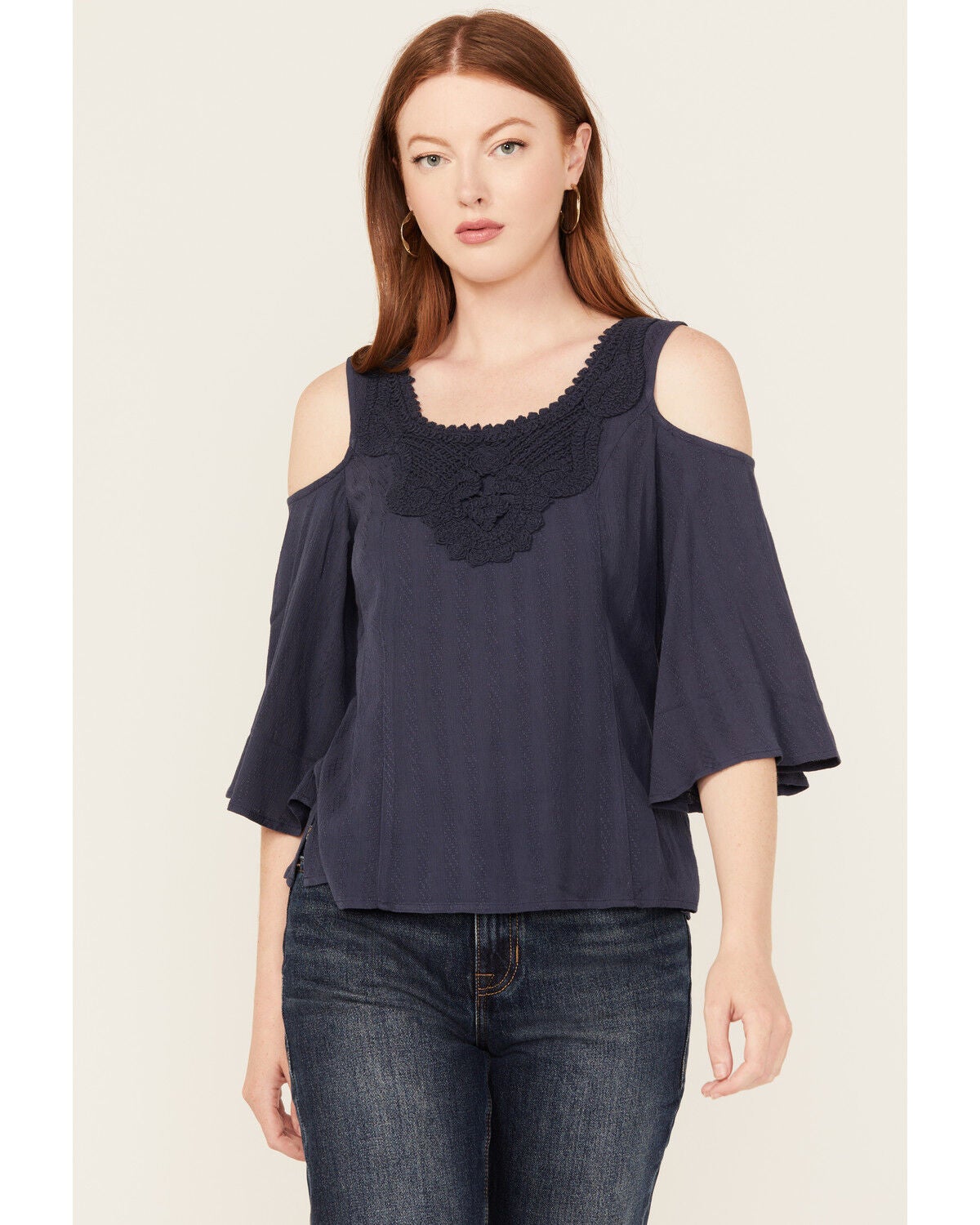 Shyanne Women's Solid Crochet Cold Shoulder Long Sleeve Shirt, Navy, hi-res