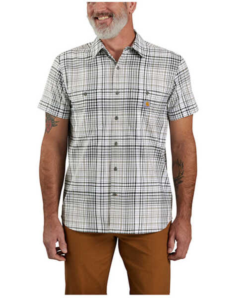 Image #1 - Carhartt Men's Rugged Flex® Plaid Print Relaxed Fit Lightweight Short Sleeve Button-Down Work Shirt - Big , Dark Grey, hi-res