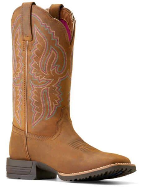 Image #1 - Ariat Women's Hybrid Ranchwork Distressed Western Boots - Broad Square Toe , Brown, hi-res